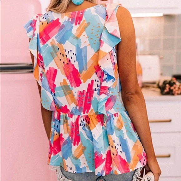 Abstract Print Ruffled Tank Top - Picture 2 of 5